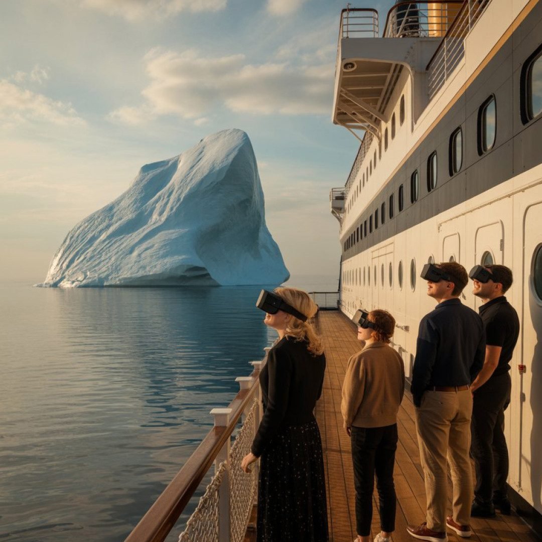 Bezoekers met VR-bril staan op het houten dek van de Titanic en kijken naar een enorme ijsberg