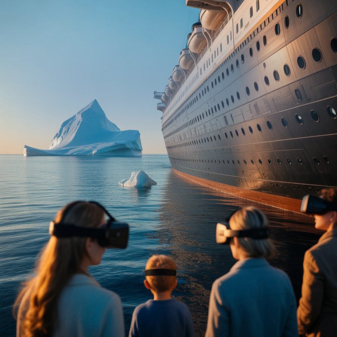 Een gezin met VR-brillen kijkt vanaf het water naar de romp van de Titanic, met een ijsberg in de verte